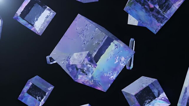 Abstract 3D animation of glowing crystal cubes and rectangular prisms floating in dark space with lens flares, representing scientific concepts and modern technology.
