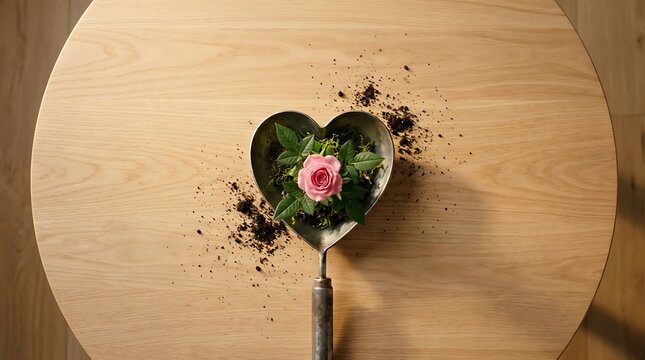 Single pink rose growing inside a heart shaped garden trowel on wooden table