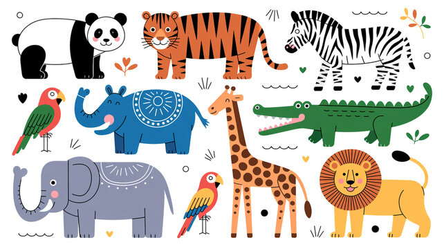 Cute Cartoon Safari Animals Seamless Pattern Vector Illustration with Giraffe Elephant Zebra Lion and Tiger Wildlife Design for Kids