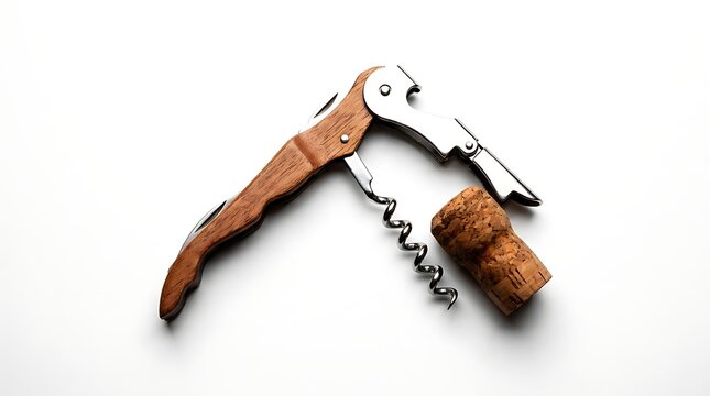 Classic waiter corkscrew wine opener with natural cork stopper isolated