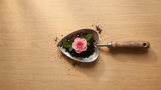 Pink rose flower growing in a small heart shaped metal garden trowel