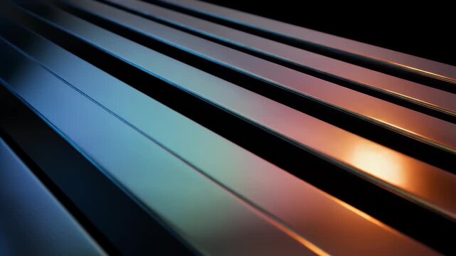 Abstract Metallic Bars with Dynamic Light Reflections and Gradient Colors on a Dark Background.