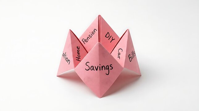 Pink paper fortune teller game with handwritten savings and financial goals