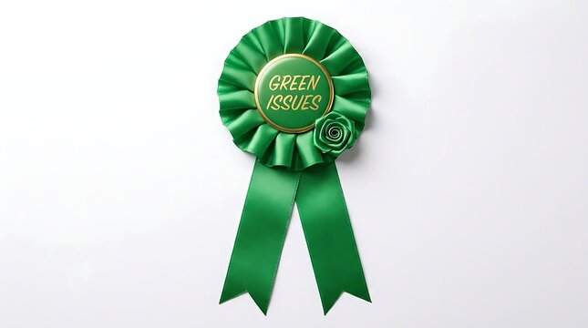 Green award rosette ribbon badge isolated on white background with achievement