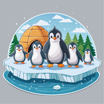 Cute cartoon penguins family in arctic landscape with igloo