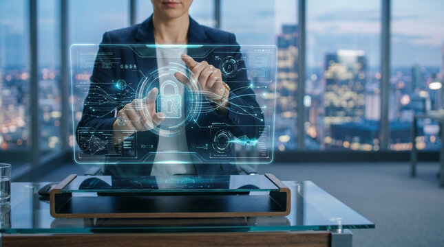 Businesswoman protecting digital data on futuristic holographic screen in modern office