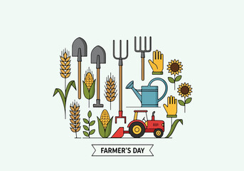 Colorful farm tools and produce arrangement © Franky
