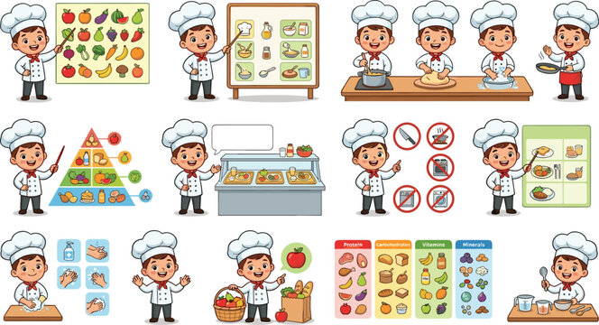  Little boy chef cartoon character mascot set teaching food pyramid nutrition safety rules and culinary education vector illustration