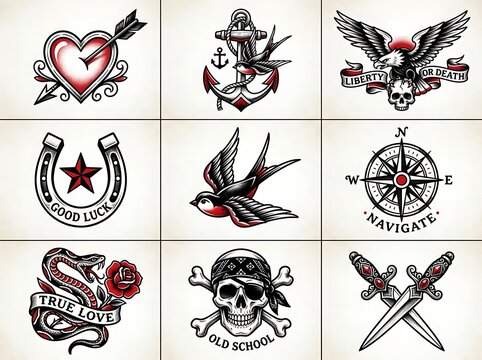Collection of nine vintage tattoo designs with classic symbols like anchors hearts and skulls