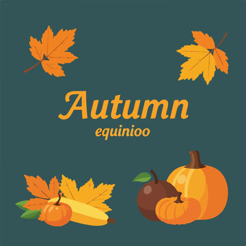Colorful autumn graphic with leaves, pumpkins, and corn