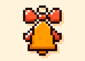 Fototapeta premium Pixel art yellow Christmas Jingle Bells with red bow.