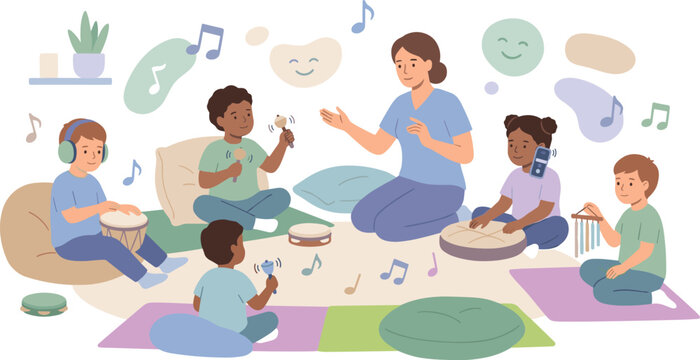 Diverse children playing musical instruments in classroom with female teacher flat vector illustration for elementary school banner design