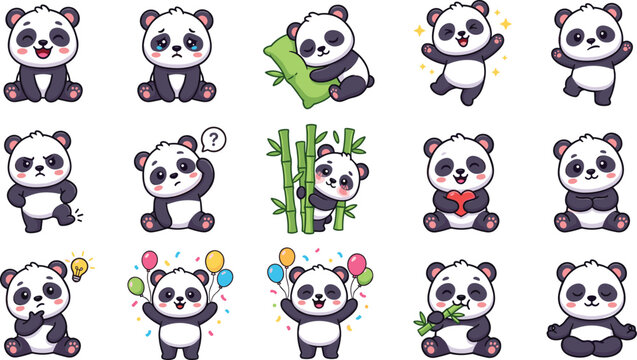 Cute panda cartoon character mascot set with different facial expressions emotions and daily activities flat vector illustration
