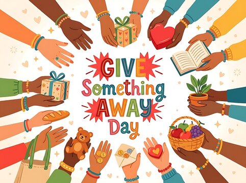 Colorful illustration of diverse hands giving gifts and items for give something away day celebration