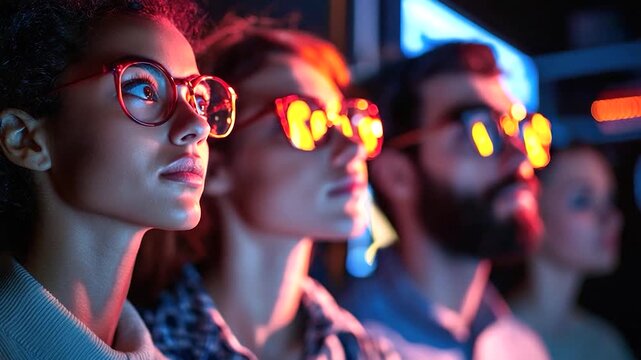 Audience wearing 3D glasses watching a movie or immersive screen experience, suitable for cinema, entertainment, virtual reality, media, and film industry concepts.