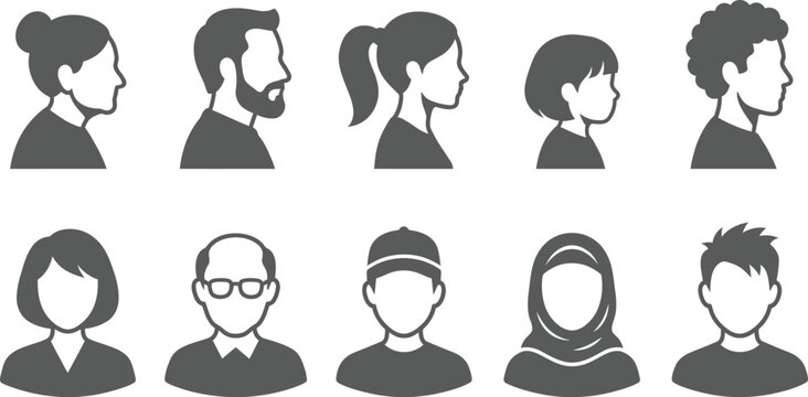 Diverse group of anonymous profile silhouettes depicting various hairstyles and genders on a white background silhouette