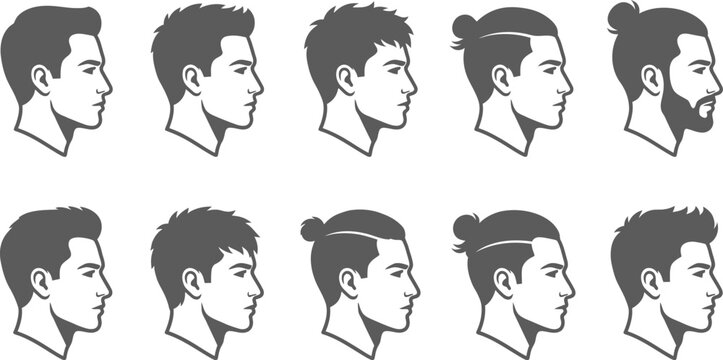 Collection of male profile silhouettes showcasing diverse hairstyles and facial hair on a white background silhouette