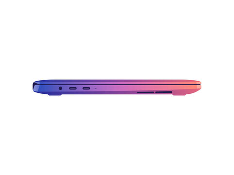 Sleek modern laptop computer viewed from the side profile featuring a vibrant purple and orange gradient finish with multiple ports and a thin minimalist design isolated on a white background