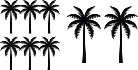 Fototapeta premium Silhouette collection of palm trees in different arrangements including clustered group and tall pair for tropical design use
