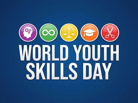 Colorful world youth skills day banner with icons representing education creativity and innovation