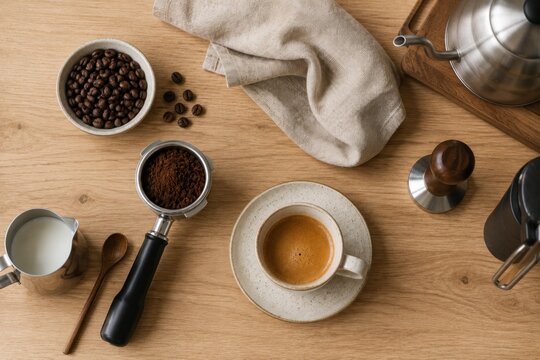 Minimal coffee brewing scenes featuring specialty equipment, cozy kitchens and artisan espresso for a modern lifestyle.