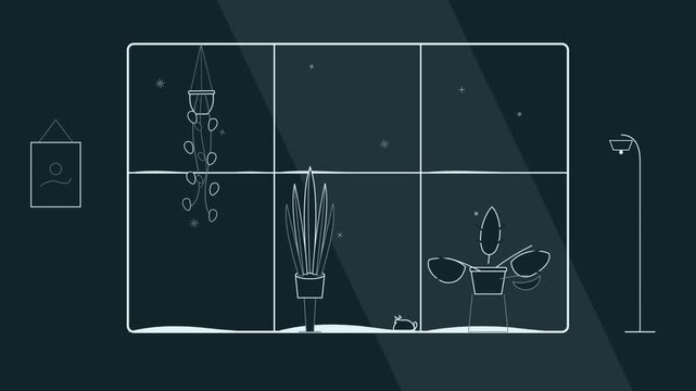 Minimalist line art animation of plants in a window snowing at night