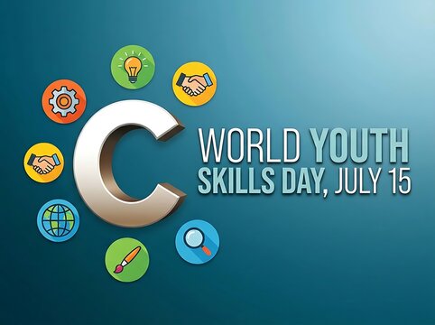 Colorful world youth skills day celebration poster with icons and text for education and training events