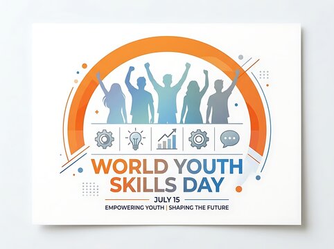 Colorful world youth skills day poster design with icons and silhouettes celebrating empowerment and future opportunities