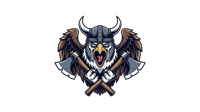 Fierce eagle warrior wearing a viking helmet holding crossed battle axes.