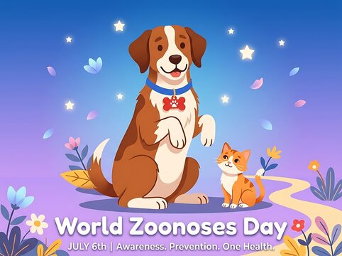 Cute cartoon dog and cat celebrating world zoonoses day with flowers stars and happy expressions