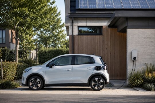 Electric vehicles charging at home and public stations, showcasing clean energy and sustainable transportation.