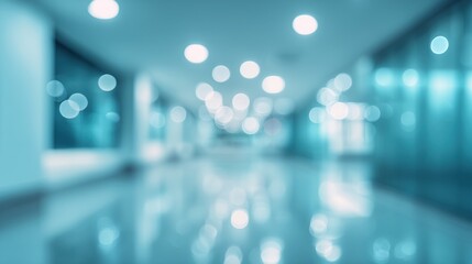 Fototapeta premium Abstract blue office corridor background with soft bokeh lights for spacious modern corporate hallway and professional business presentation copy space.