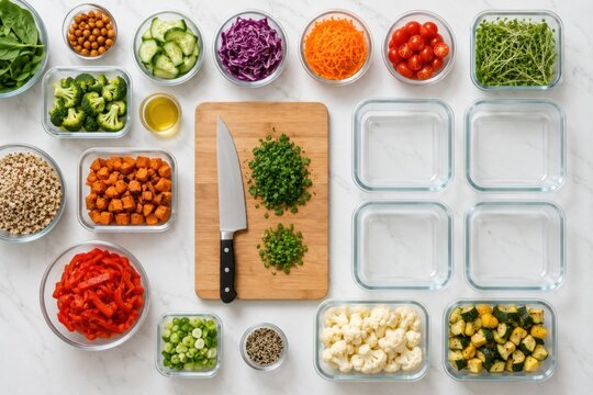 Healthy meal prep and food storage with organized ingredients, portion control and fresh containers for easy weekly nutrition.