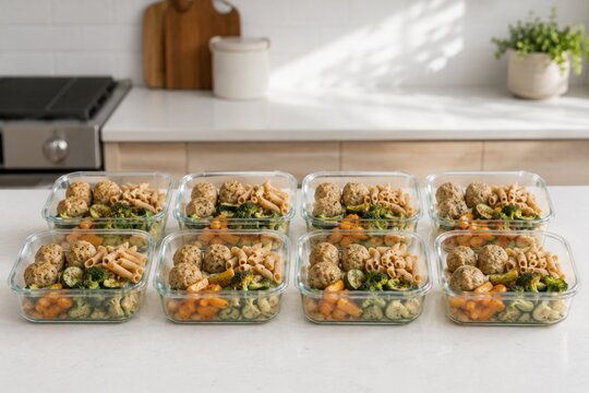 Healthy meal prep and food storage with organized ingredients, portion control and fresh containers for easy weekly nutrition.