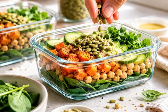 Healthy meal prep and food storage with organized ingredients, portion control and fresh containers for easy weekly nutrition.