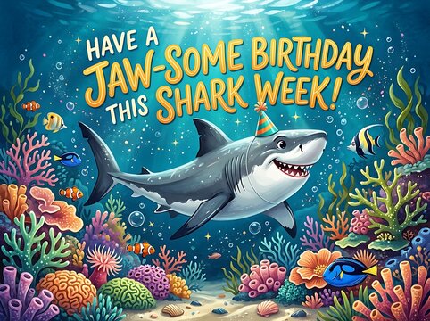 Cute cartoon shark with party hat swimming in colorful coral reef birthday celebration illustration