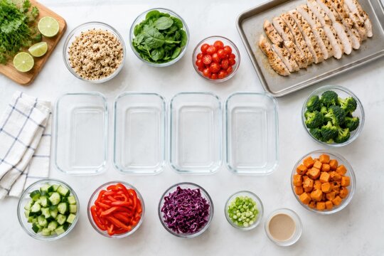 Healthy meal prep and food storage with organized ingredients, portion control and fresh containers for easy weekly nutrition.