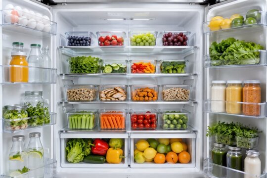Healthy meal prep and food storage with organized ingredients, portion control and fresh containers for easy weekly nutrition.