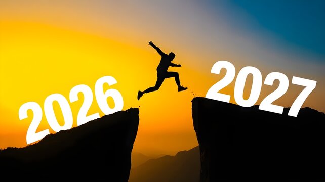 Silueta de hombre saltando entre acantilados desde el a&ntilde;o 2026 hacia el 2027 al atardecer
