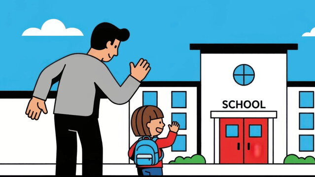Father Waving Goodbye to Daughter Outside School.