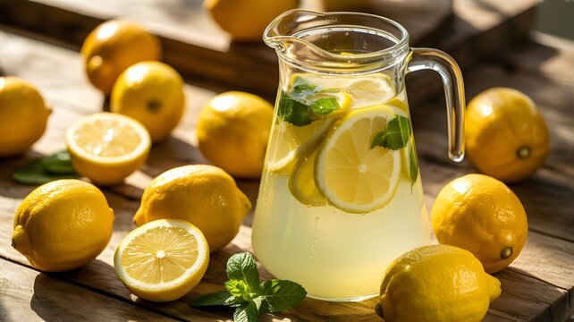 Jarra de cristal con limonada fresca y rodajas de lim&oacute;n rodeada de limones enteros sobre una mesa de madera r&uacute;stica