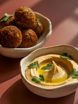Plato de hummus cremoso con aceite de oliva y falafel crujiente en cuencos de cer&aacute;mica sobre fondo terracota