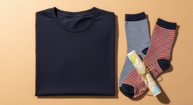 Fashion clothing and colorful socks arranged.