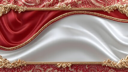 Red and white silk fabric banner with ornate gold frame for celebration