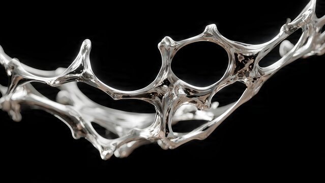 A close-up, detailed view of a silver, organic-shaped, abstract crown or tiara against a black background.