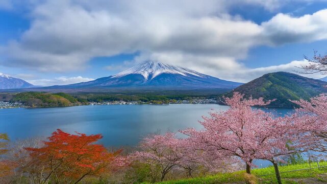 Stunning Mount Fuji Landscape with Sakura and Autumn Leaves 4K Generative AI