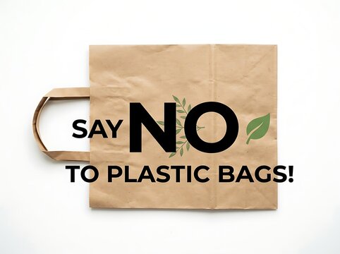 Ecofriendly brown paper shopping bag with antiplastic message and green leaf design illustration