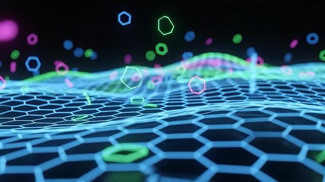 Abstract digital landscape with glowing hexagonal grid and floating neon shapes