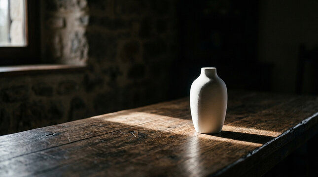 Serene white vase on rustic wooden table indoors