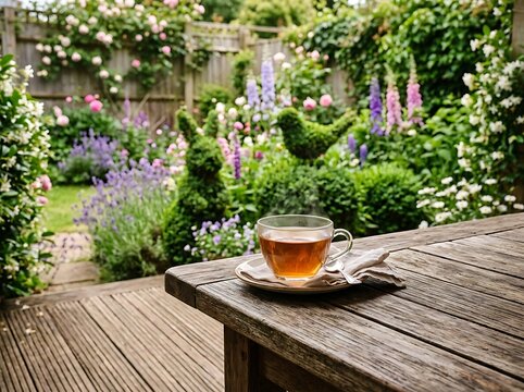 Freshly brewed cup of tea on a wooden table with a beautiful blooming garden backdrop